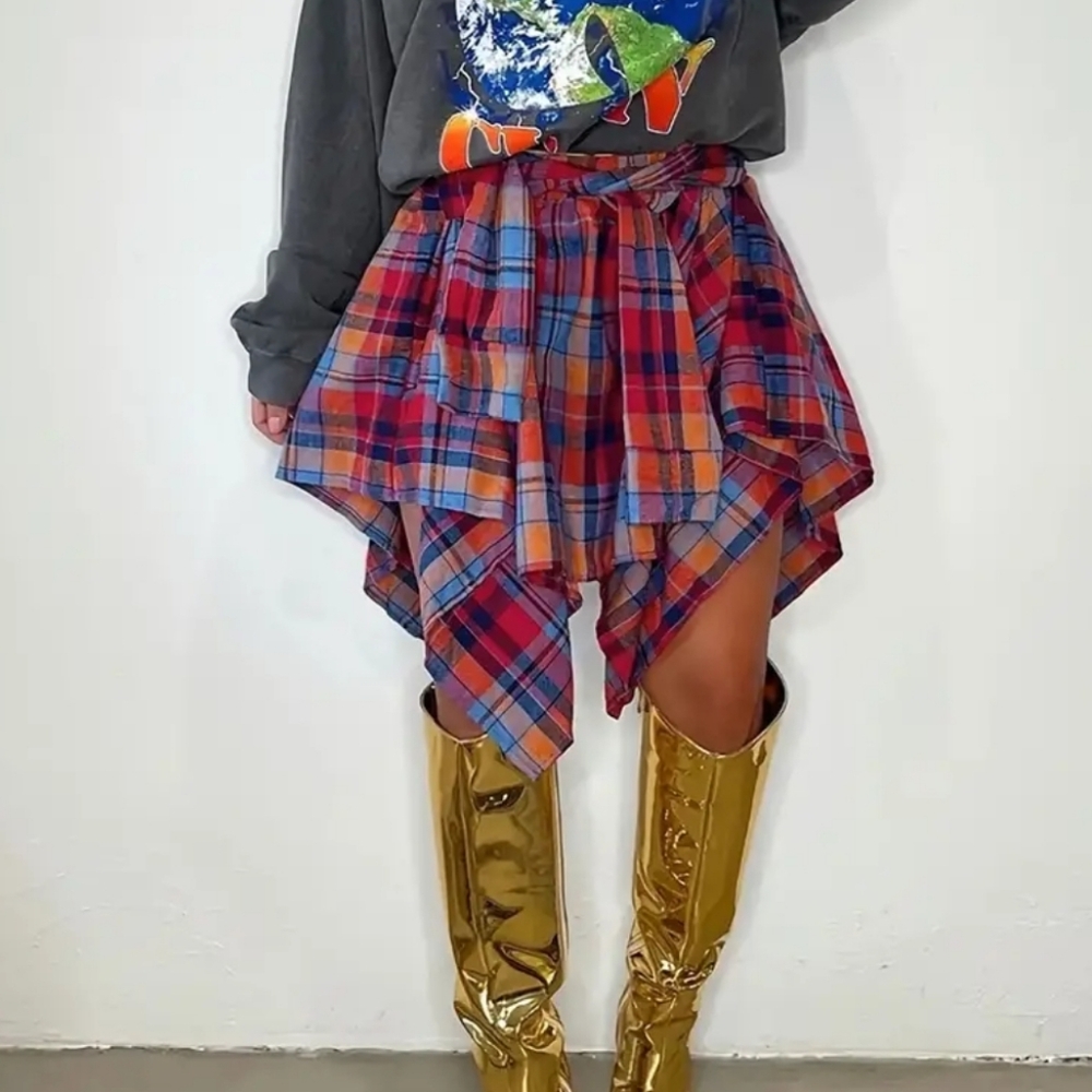 Women's Plus Size Flannel plaid Grunge 90's uneven hem pull-on skirt